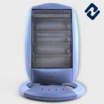 MAXIMUS 1200W Halogen Heater – sleek grey-blue floor-mount tower heater with 3 halogen rods, adjustable heat settings (400W, 800W, 1200W), wide oscillation for even warmth, tip-over protection, and radiant heating. Compact, portable, and ideal for indoor winter comfort.