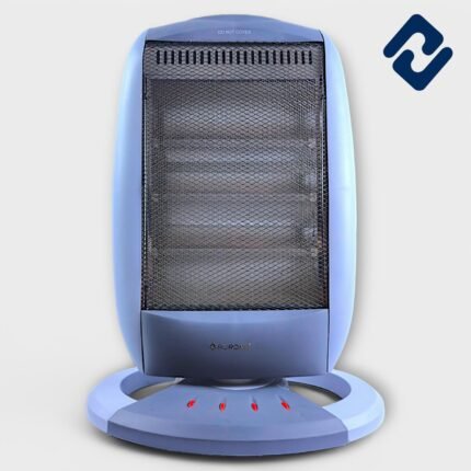 MAXIMUS 1200W Halogen Heater – sleek grey-blue floor-mount tower heater with 3 halogen rods, adjustable heat settings (400W, 800W, 1200W), wide oscillation for even warmth, tip-over protection, and radiant heating. Compact, portable, and ideal for indoor winter comfort.