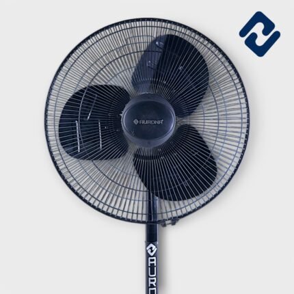 AURONA AERO PULSE Pedestal Fan – 150W power, 500mm blade sweep, and 1450 RPM. Features 3-speed settings, oscillation, and a 1" bush motor with movement. 100% copper winding, high-graded PVC blades, and a heavy metal net & stand. Available in Black and Silver. Warranty: 2 years (motor only, T&C apply). Dimensions: 52D x 16W x 28H cm.