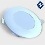 AURONA MINI JUNCTION Deep Light – energy-efficient, round recessed panel with a white finish, orange housing, and secure spring clips for easy installation.