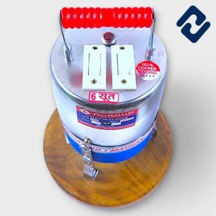 MINI DLX Madhani 6 Soot – premium churner with 100% copper winding motor, double ball bearings, 3-pin copper lead wire, and 9” pure Mango-Sheesham wood chakla. Built for heavy-duty residential use, combining traditional design with high-performance durability.