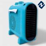RADIO 2000W Electric Room Heater – portable pedestal heater in white/sky-blue with dual heat settings (1000W/2000W), adjustable thermostat, fan-assisted convection heating, and fire-retardant ABS body. Features fast heating, overheat protection, and multiple mounting options for efficient indoor spot heating.