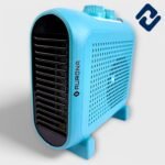 RADIO 2000W Electric Room Heater – portable pedestal heater in white/sky-blue with dual heat settings (1000W/2000W), adjustable thermostat, fan-assisted convection heating, and fire-retardant ABS body. Features fast heating, overheat protection, and multiple mounting options for efficient indoor spot heating.