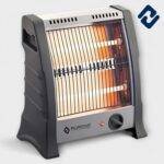 OMEGA 800W Room Heater – compact grey tower heater with 2 quartz rods (400W each), radiant heating, dual heat settings (400W & 800W), tip-over protection, and portable design. Ideal for efficient indoor heating with low power consumption and adjustable temperature control.