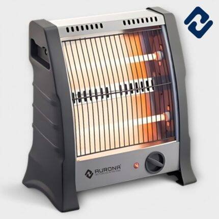 OMEGA 800W Room Heater – compact grey tower heater with 2 quartz rods (400W each), radiant heating, dual heat settings (400W & 800W), tip-over protection, and portable design. Ideal for efficient indoor heating with low power consumption and adjustable temperature control.
