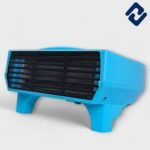 WARMWHIZ 2000W Electric Room Heater – compact tabletop heater in sky blue & white with dual heat settings, adjustable thermostat, convection & forced air heating, and 2300 RPM motor. Features include overheat protection, fast heating, and lightweight design for efficient indoor use.