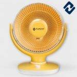 SUN 800W Quartz Room Heater – round tabletop heater (14") in white with grey, yellow, or sky-blue accents. Features dual heat settings (400W/800W), quartz rod heating, wide oscillation for even warmth, tip-over protection, and energy-efficient portable design. Ideal for indoor use.
